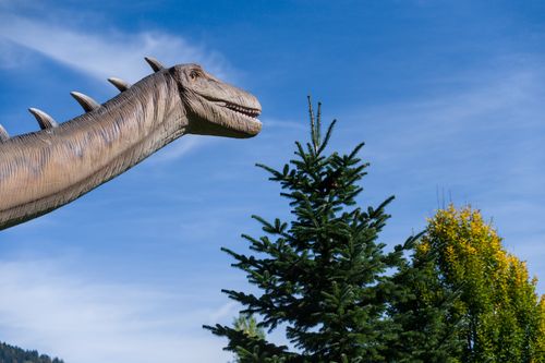 Free A life-sized dinosaur sculpture set against a clear blue sky and evergreen trees outdoors. Stock Photo