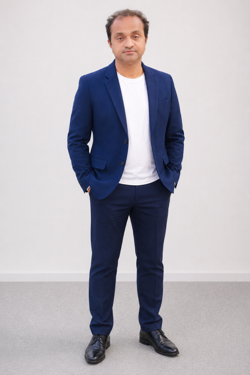 Free Portrait of an adult man in a blue suit and white shirt against a soft background. Stock Photo