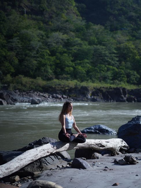 A woman practices meditation on a log by a riverside, surrounded by lush forests.