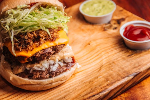 木板上配料丰富的双层芝士汉堡特写，非常适合美食爱好者