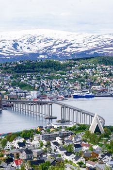 Aerial view of Tromsø with the iconic bridge and Arctic Cathedral in Norway.