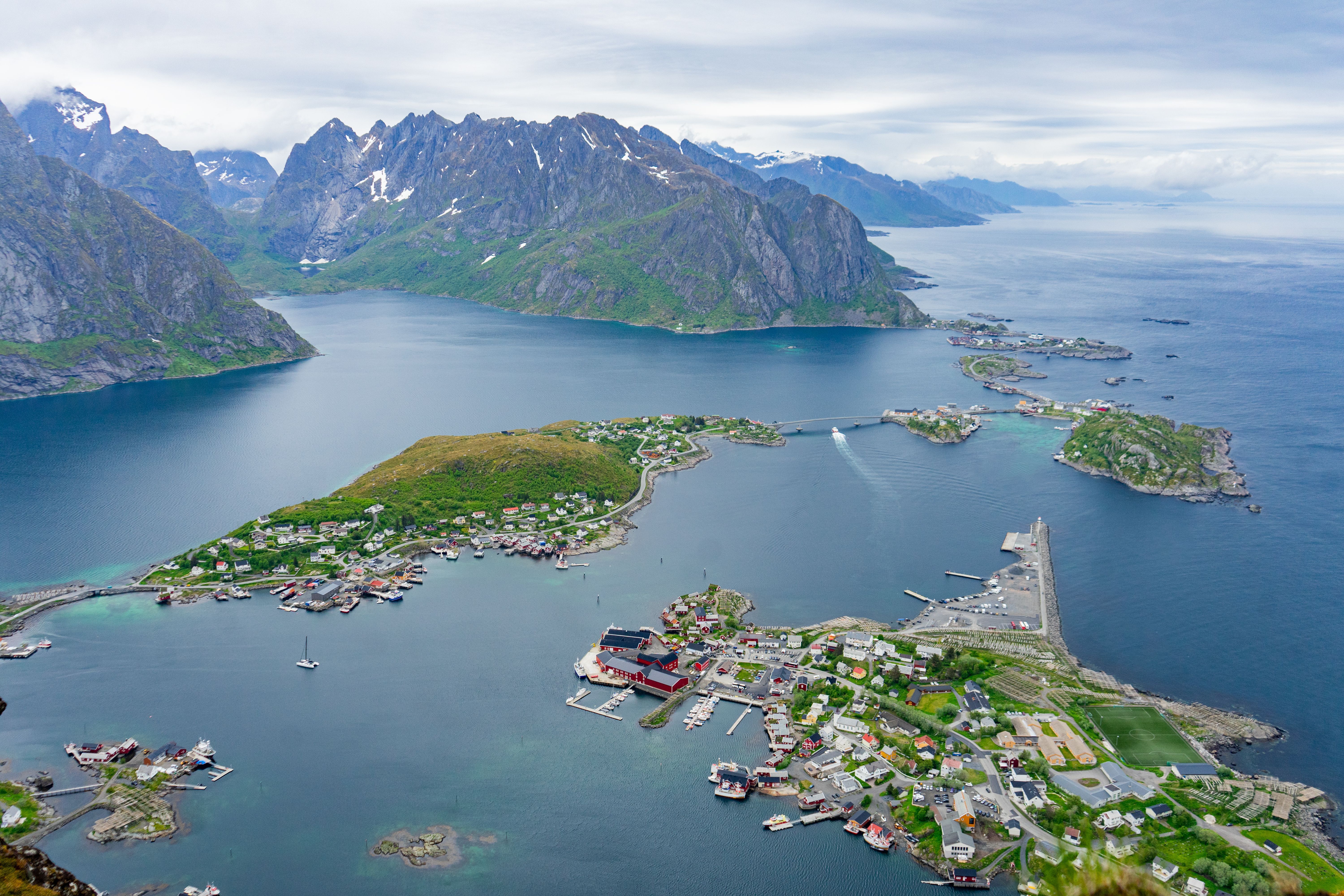 Discover the stunning vistas of Lofoten Islands, Norway, with majestic ocean and mountain views.