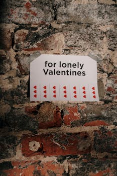 墙上有一块标志，上面写着“献给孤独的情人节”，还画着一颗红色的心，背景是崎岖不平的砖墙