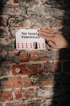 特写：一只手从有阴影的砖墙上捡起情人节纸条