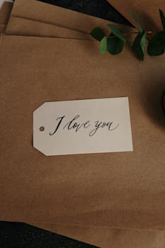 牛皮纸上手写的“我爱你”标签，上面点缀着绿叶