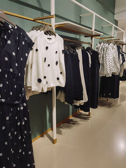 Free Row of stylish polka dot garments displayed in a chic, modern boutique. Stock Photo