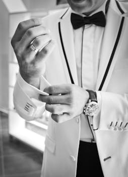 Man Wearing Tuxedo in Grayscale Photography