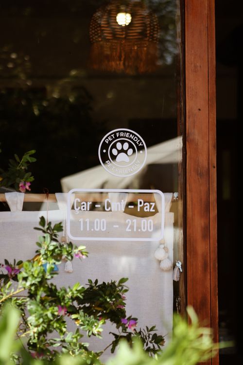 Free Interior view of a pet-friendly cafe with a welcoming window sign and greenery. Stock Photo