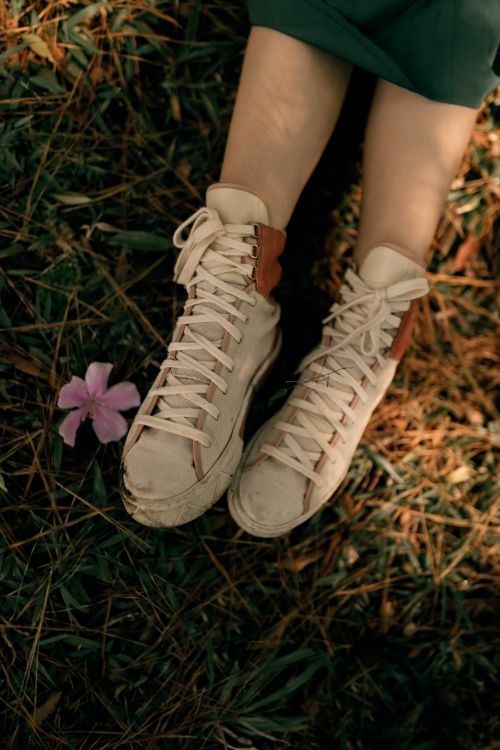 Free A pair of casual high-top sneakers resting on grass beside a purple flower, creating a serene outdoor scene. Stock Photo