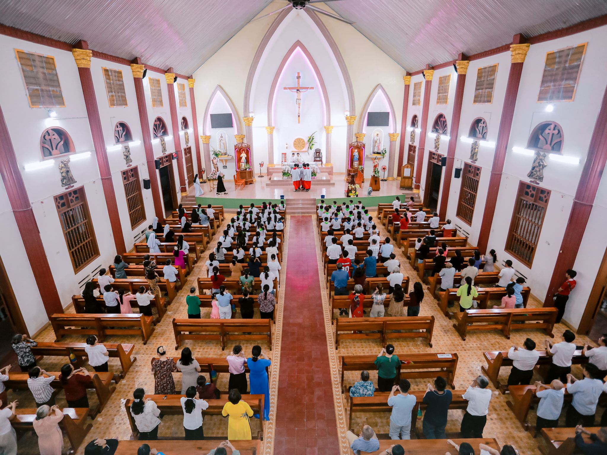 Church interior with pews