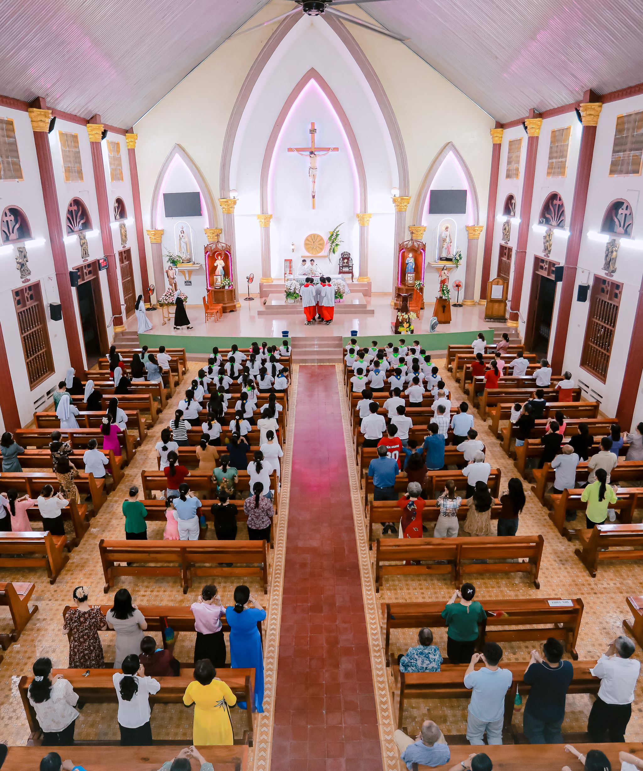 Church interior with pews