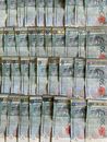 马来西亚林吉特纸币排列的特写视图，非常适合金融主题