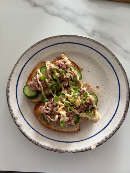 Free A plate of tuna salad toast topped with cucumber, mayonnaise, and green onions. Stock Photo