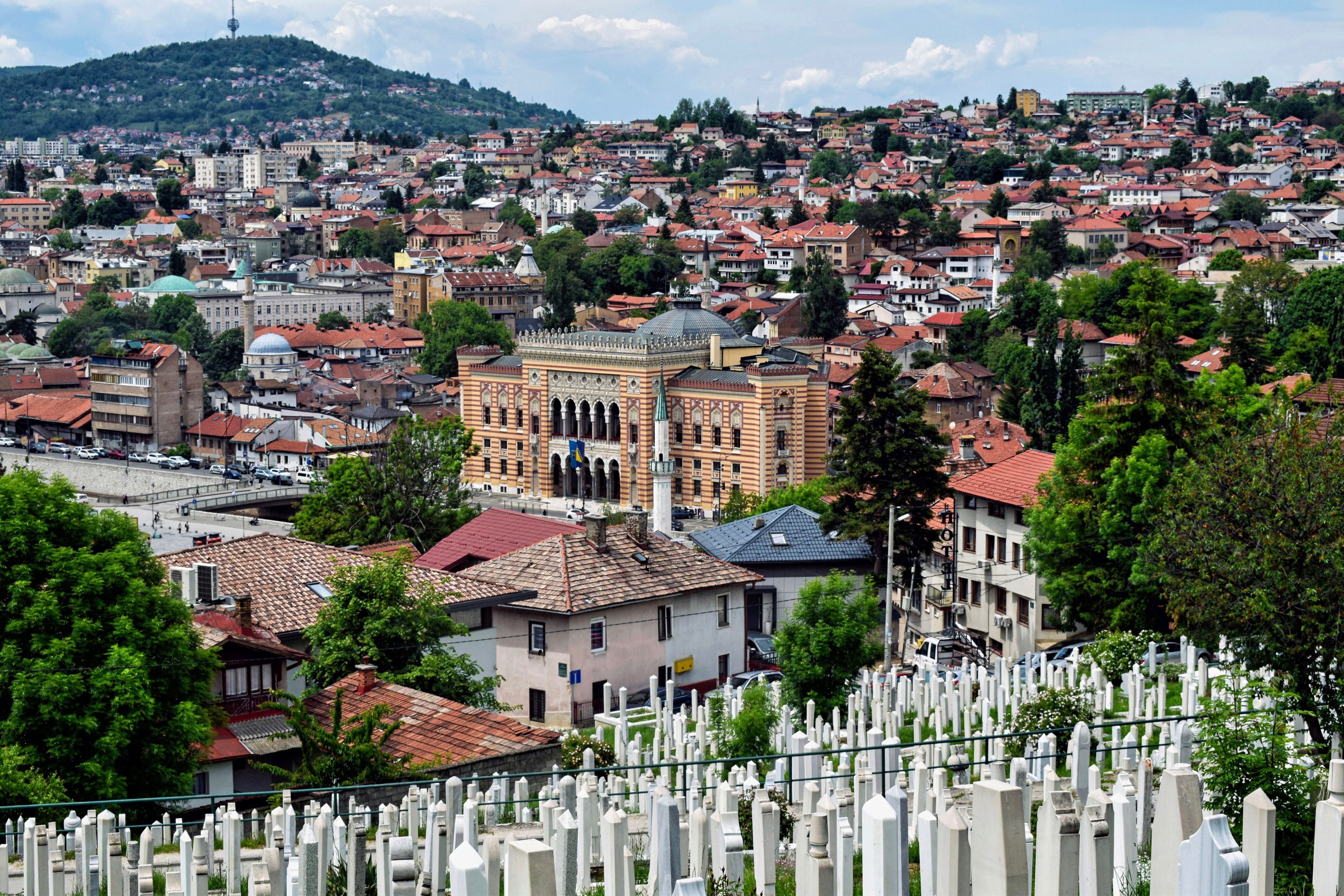 Explore Sarajevo's historic architecture with a panoramic city view framed by lush greenery and timeless charm.