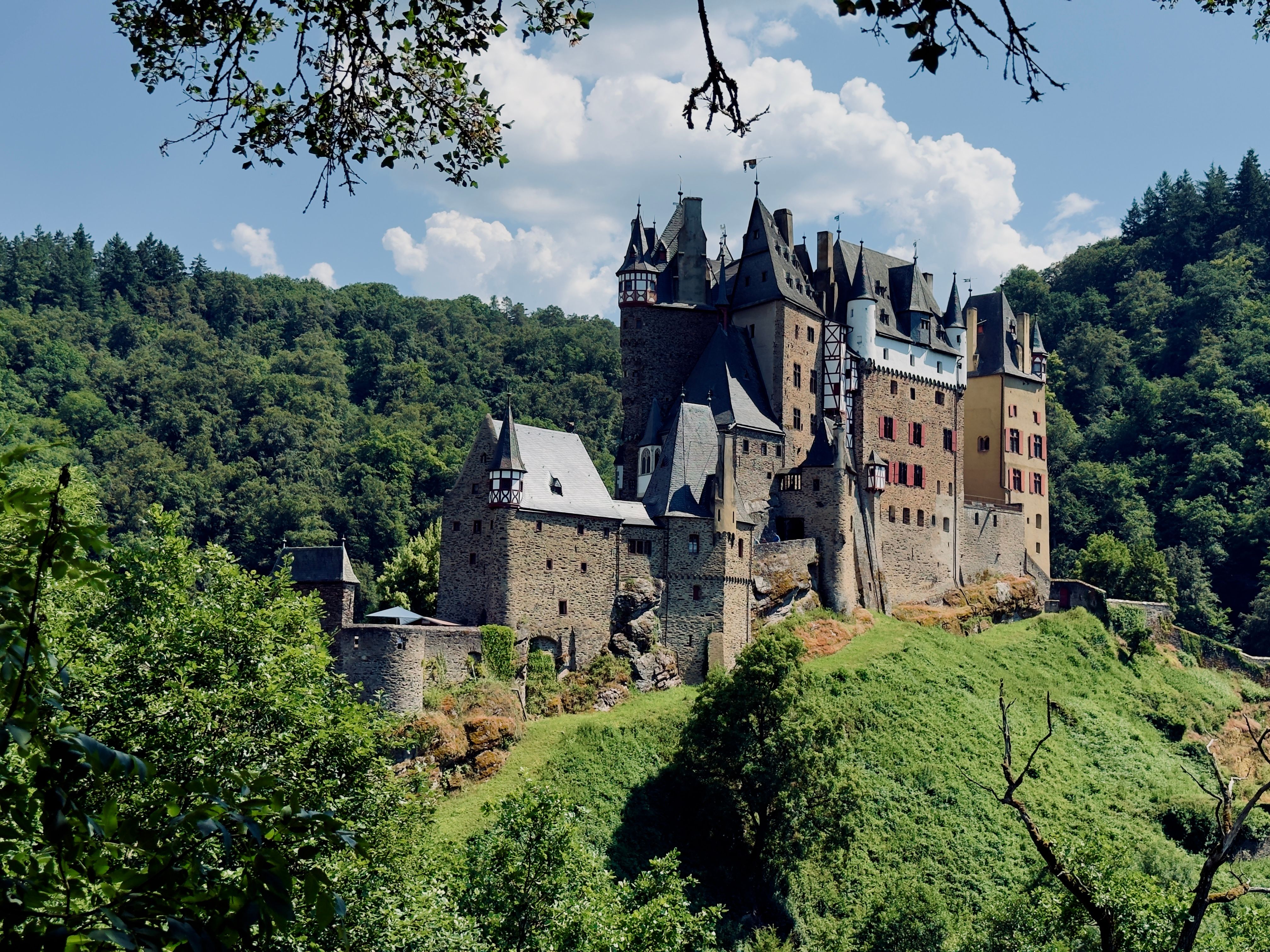 Eltz Castle stands majestically amidst lush green forests in Wierschem, capturing its historic charm on a bright summer day.