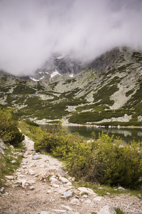 Free Scenic mountain landscape with a rocky path and misty clouds covering the peaks. Stock Photo