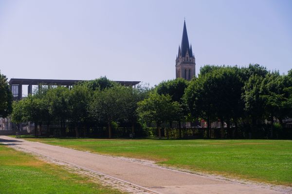 Vue paisible d'un parc de Niort, avec un clocher imposant et de beaux arbres verdoyants