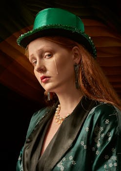 Portrait of a woman in a green outfit with dramatic and sorrowful expression, studio shoot.