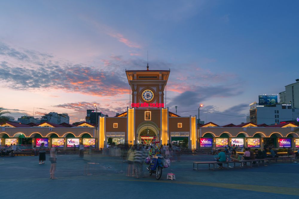 Ben Thanh Market's clock tower at dusk, Ho Chi Minh City