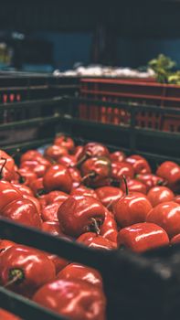 Vibrant red peppers in a market basket, perfect for culinary themes.