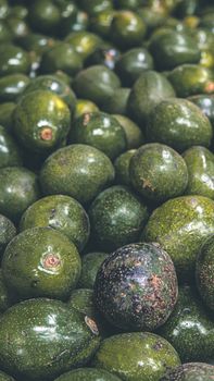 Close-up of fresh organic avocados stacked together in a vibrant market setting.