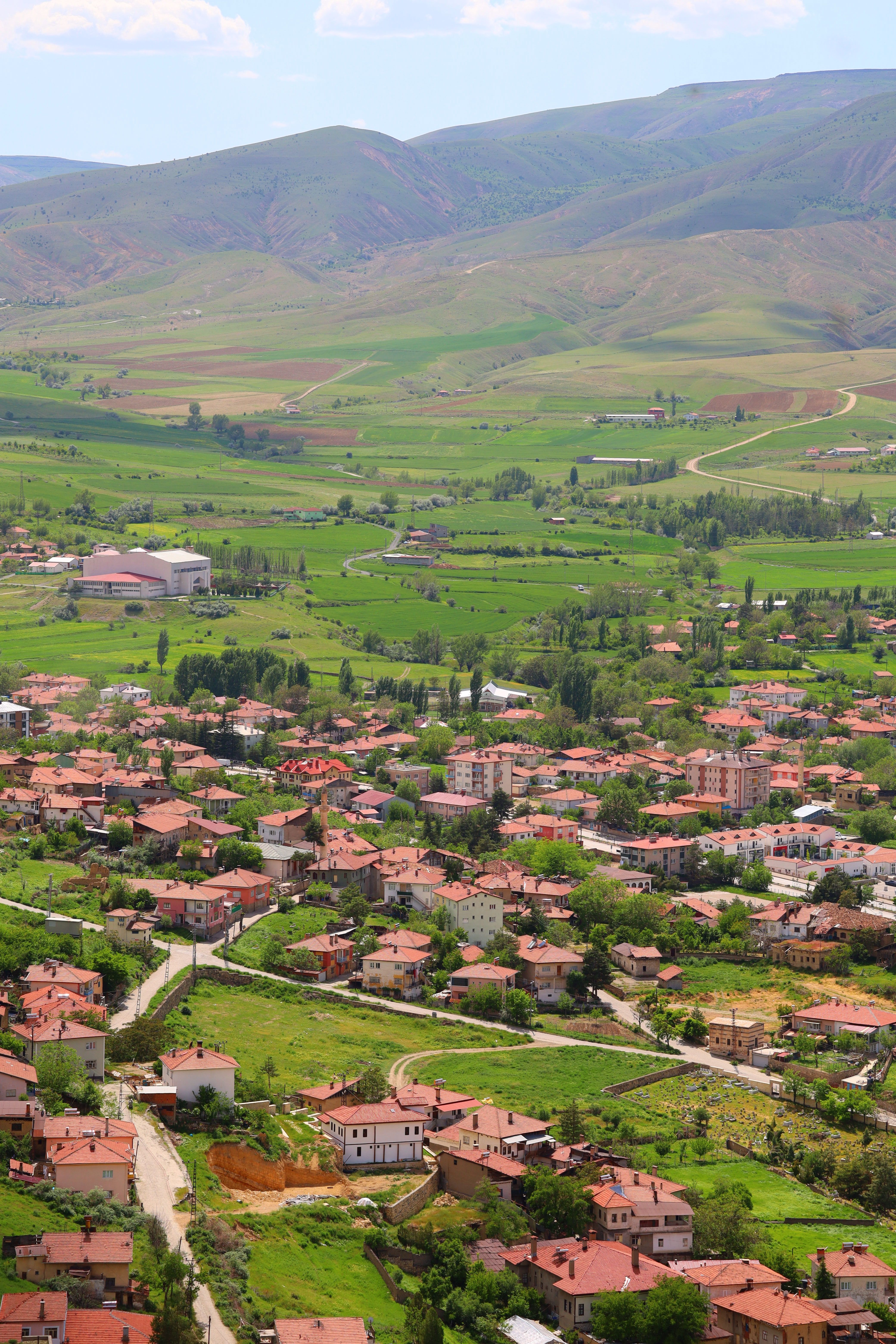 Charming village nestled in lush green countryside with hills.