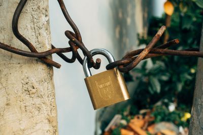 A brass padlock securing a wire on a concrete post — photo by Markus Winkler on Pexels