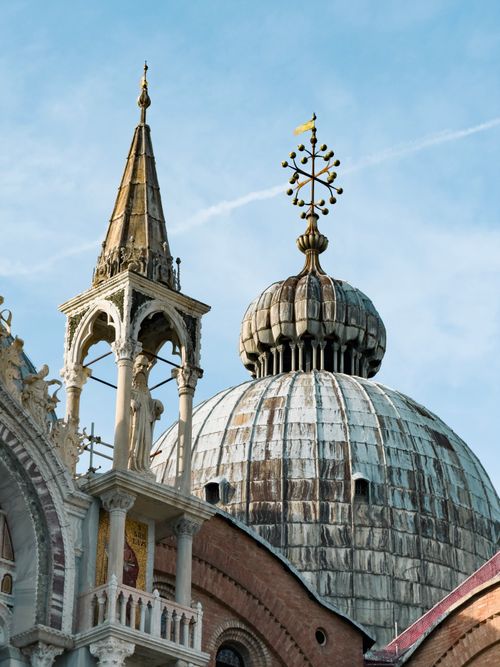Free Close-up view of St Mark's Basilica's intricate domes and spires in Venice, Italy. Stock Photo
