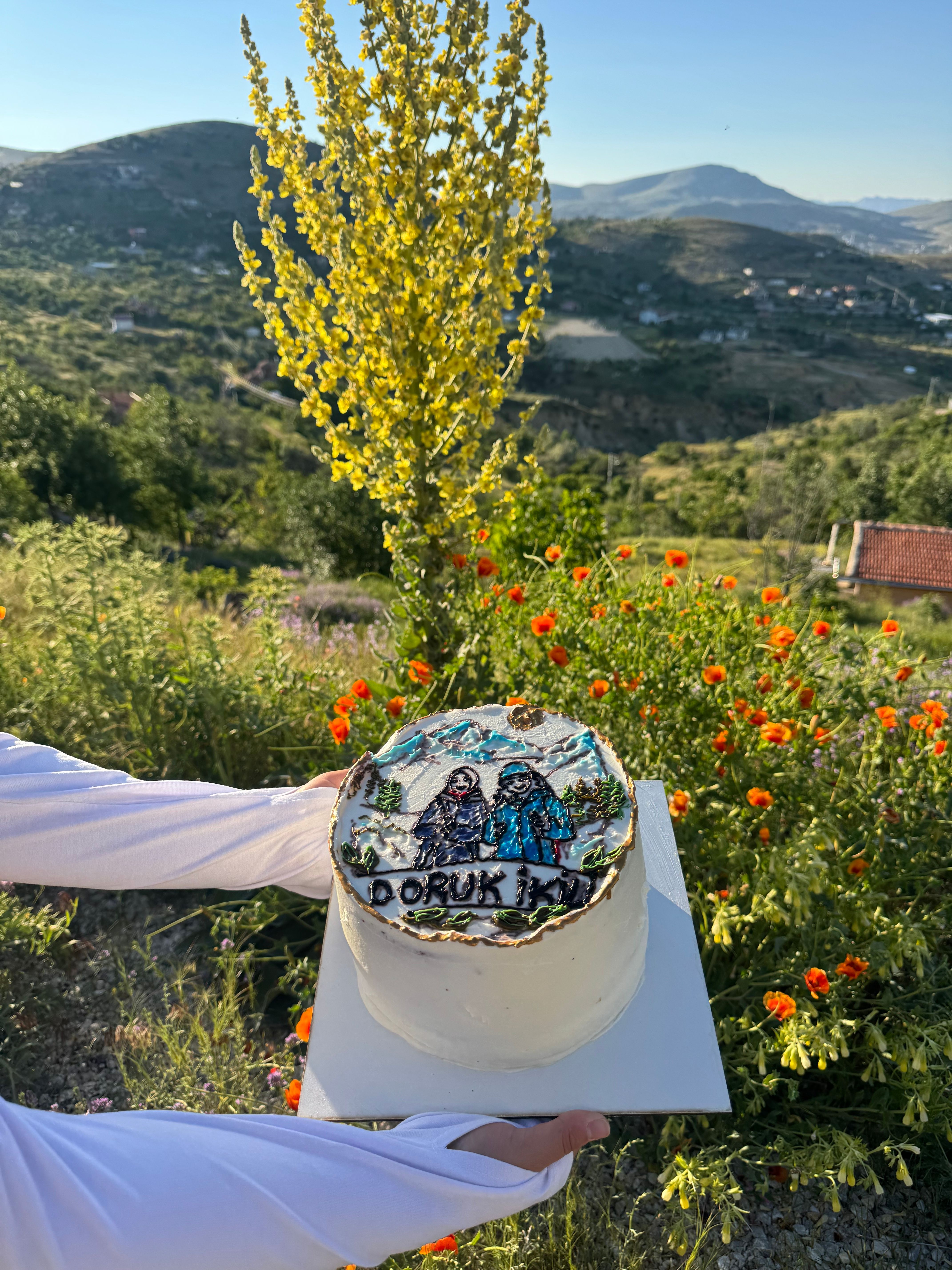Beautifully decorated cake held in a vibrant countryside landscape with hills and flowers.