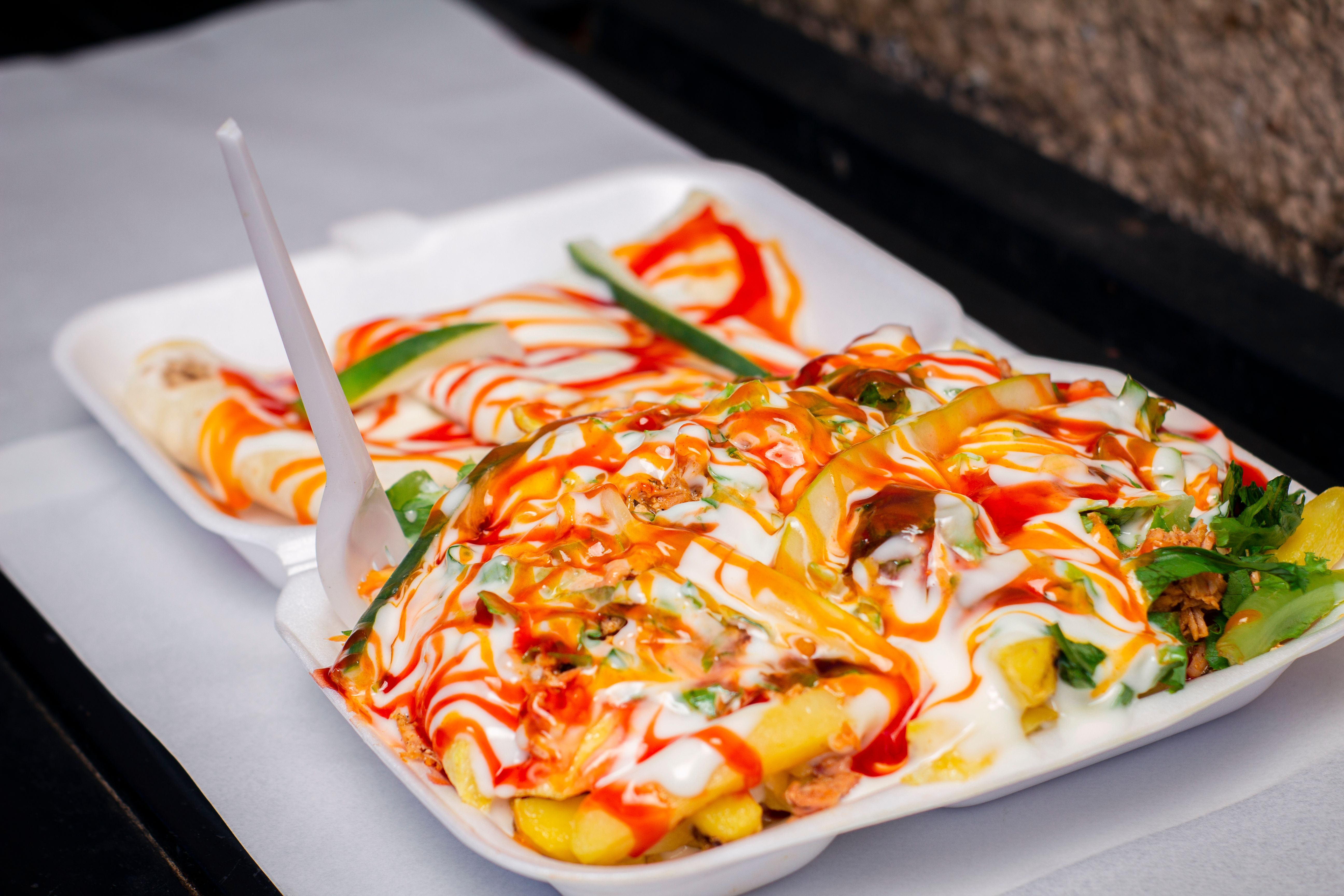 Close-up of loaded fries with sauce and toppings on a plate. Perfect for food lovers.