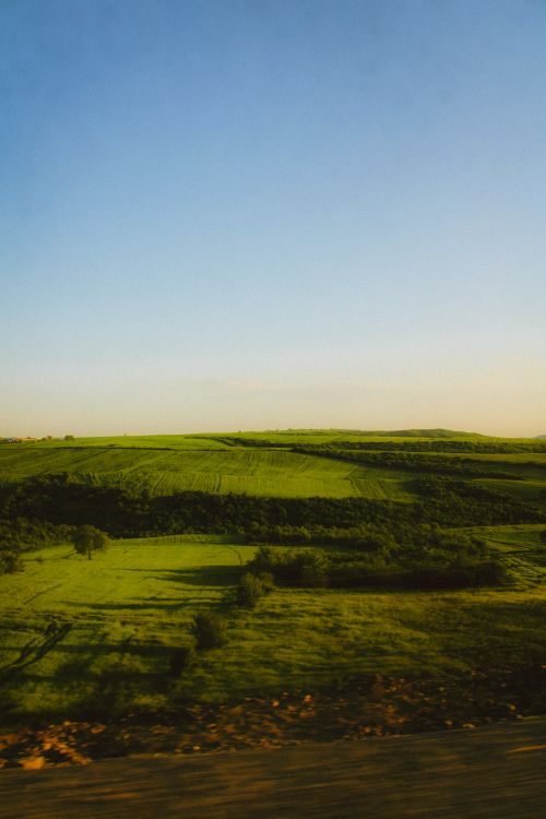 Free Vibrant green fields in İsmayıllı, Azerbaijan during a stunning sunrise, offering a serene rural landscape. Stock Photo