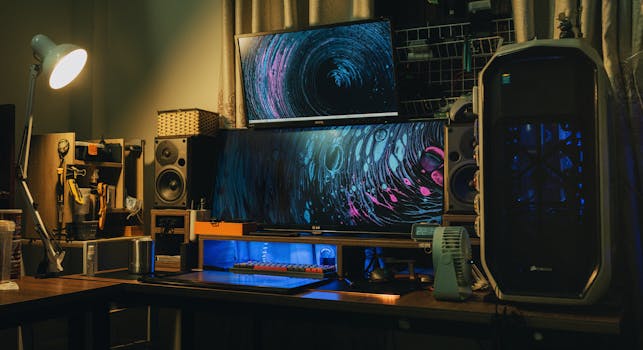 室内现代电脑设置舒适，配有双显示器和创意照明