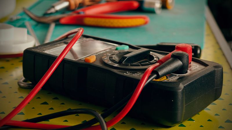 licensed electrician testing the voltage of a newly installed electric vehicle charging station inside a residential garage