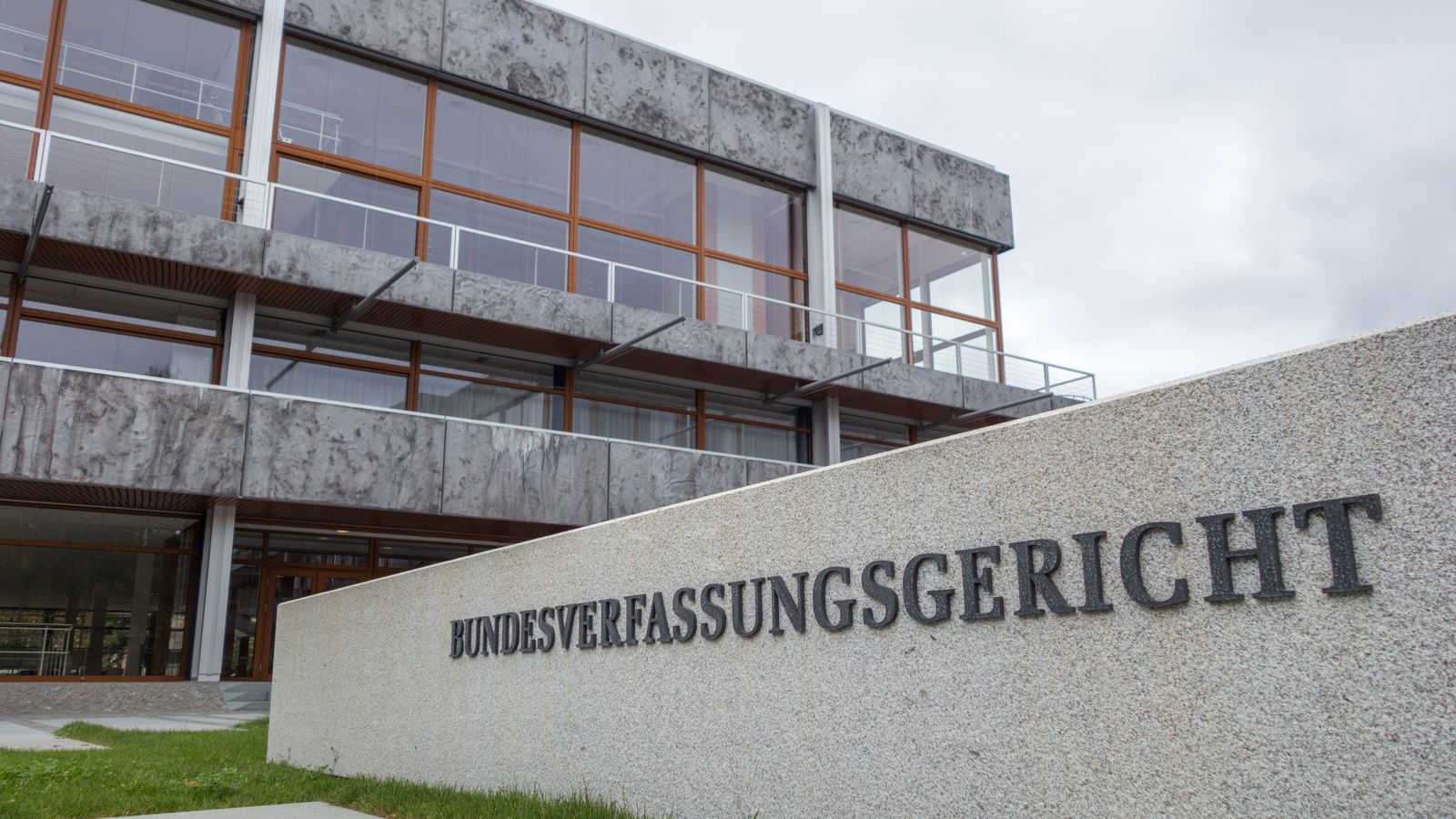 External view of Germany's Bundesverfassungsgericht in Karlsruhe, cloudy day.