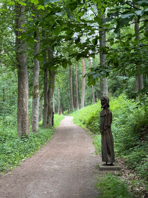 Free A tranquil forest path lined with lush greenery and a unique wooden sculpture. Stock Photo