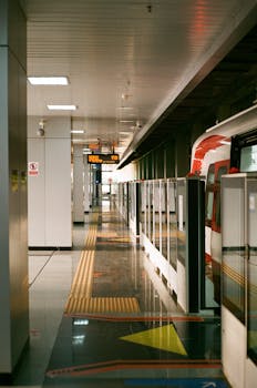 Empty modern subway station platform with a waiting train, emphasizing travel and urban transit.