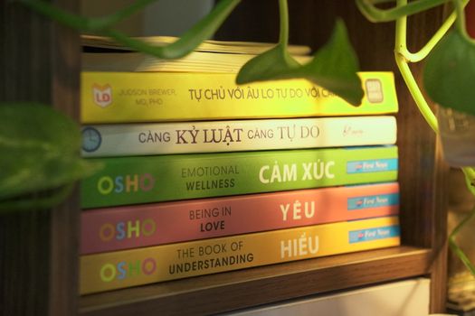 A vibrant stack of motivational books on a wooden shelf, surrounded by lush greenery.
