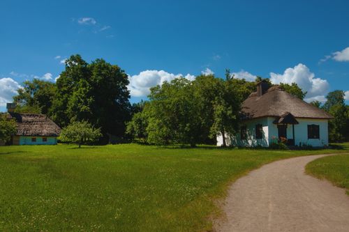 Free Rustic thatched-roof cottages set in lush green countryside under a clear blue sky. Stock Photo