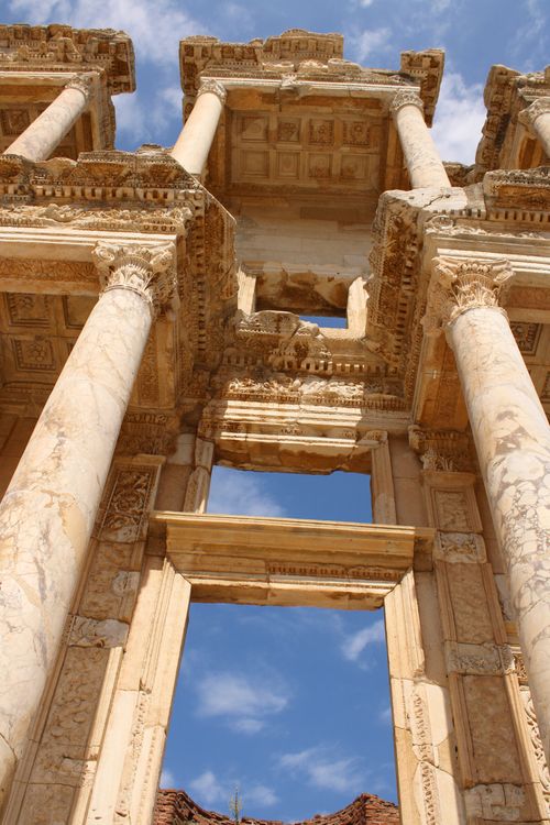 Free Stunning low angle view of the ancient Roman ruins at Ephesus displaying architectural grandeur. Stock Photo