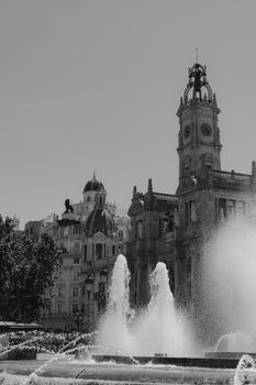 Stunning black and white view of Valencia's architectural charm with a flowing fountain.