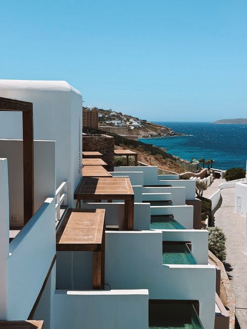 Free Beautiful seaside architecture in Mykonos, Greece with breathtaking ocean views. Stock Photo