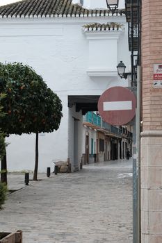 A picturesque Spanish village street with cobblestones and traditional architecture.