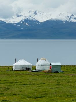 Scenic view of yurts by a lake with snow-capped mountains in Kyrgyzstan.