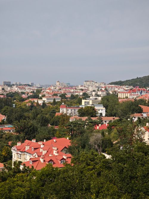 Free A scenic panorama of Qingdao's urban skyline with red rooftops and lush greenery under a clear sky. Stock Photo