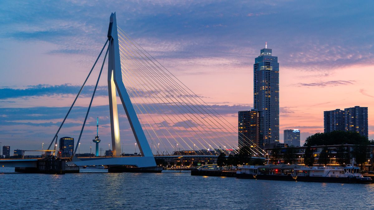 Podul Erasmus și zgârie-norii din Rotterdam, în lumina roz a apusului