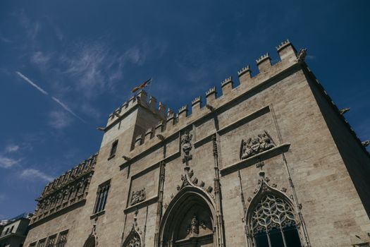 Low angle view of the historic Llotja de la Seda, a UNESCO World Heritage site in Valencia, Spain.