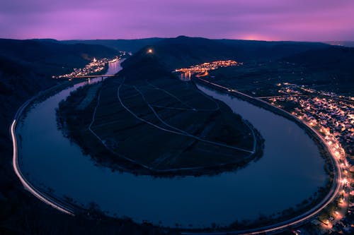 Aerial View of Mosel River Bend During Night Time