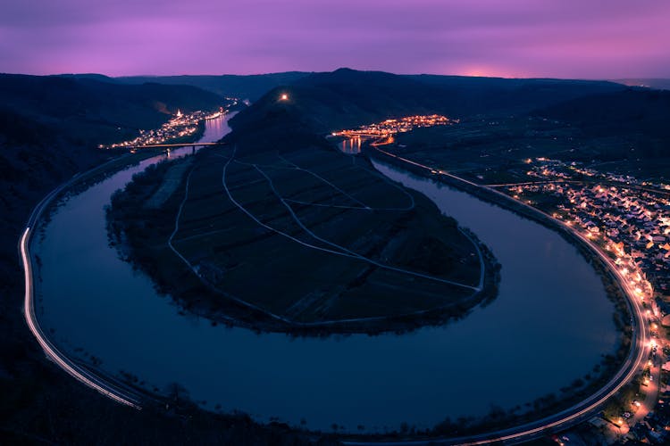 Aerial View Of Mosel River Bend During Night Time