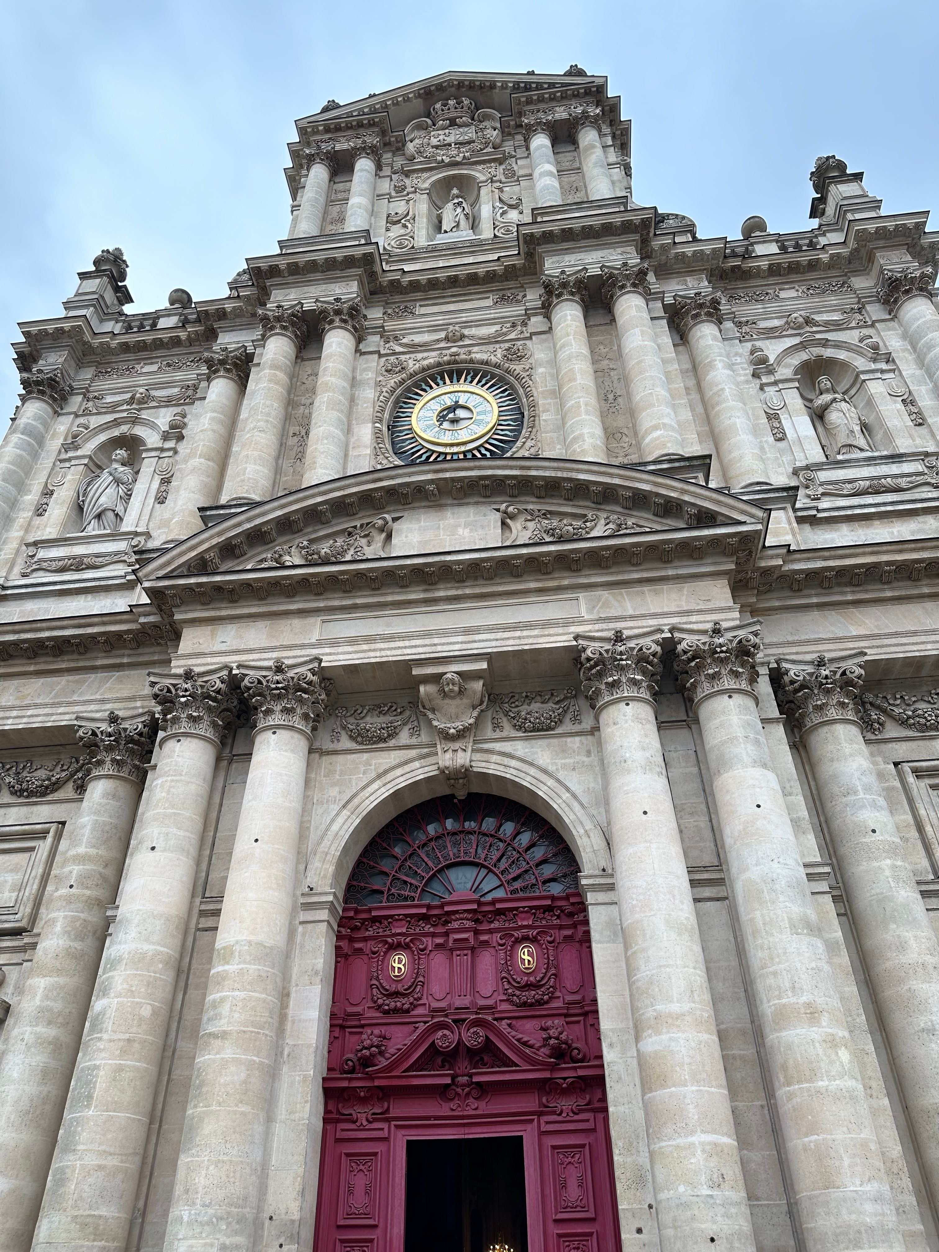 Impressive architectural facade of Saint-Paul-Saint-Louis Church in Paris.
