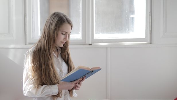 A young woman engrossed in a book while standing near a sunlit window indoors.. pexels, young, woman